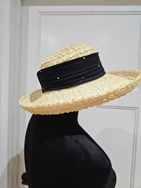 Vintage Wide Brim Straw Hat with Black Embellished Band